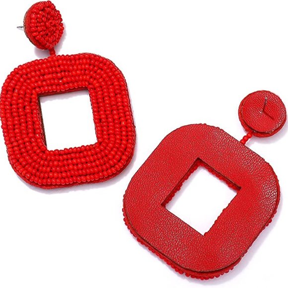 Oversized 3" Bright Red Handmade Beaded Dangle Earrings Post New Handcrafted - Picture 3 of 7